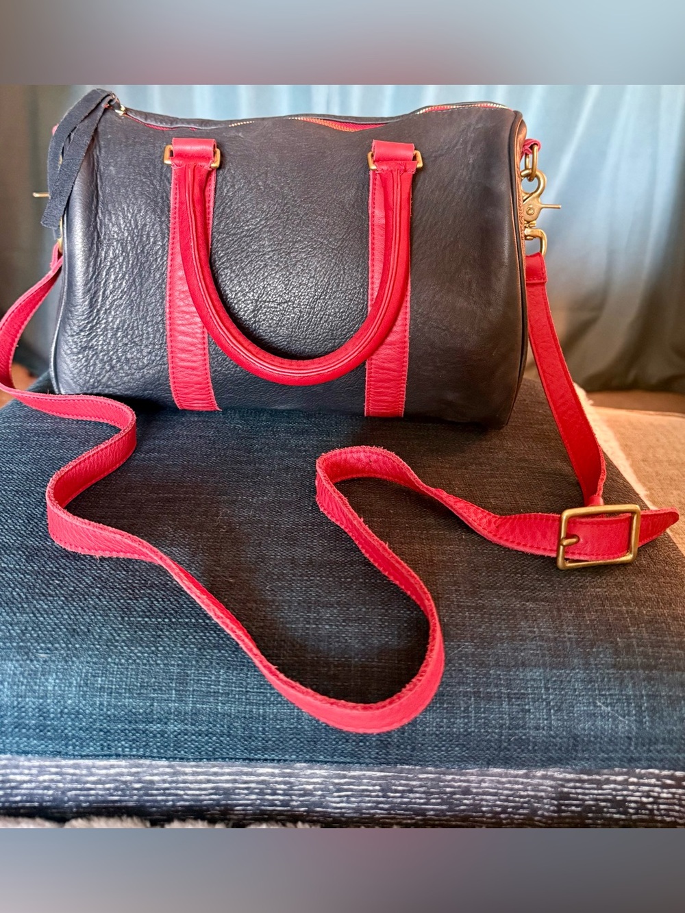 Clare V Navy and Red Leather Barrel Satchel with Detachable Strap